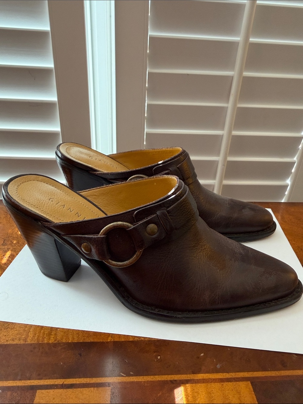 Gianni Bini Dark Brown Leather Mule Heels with Ring Accent